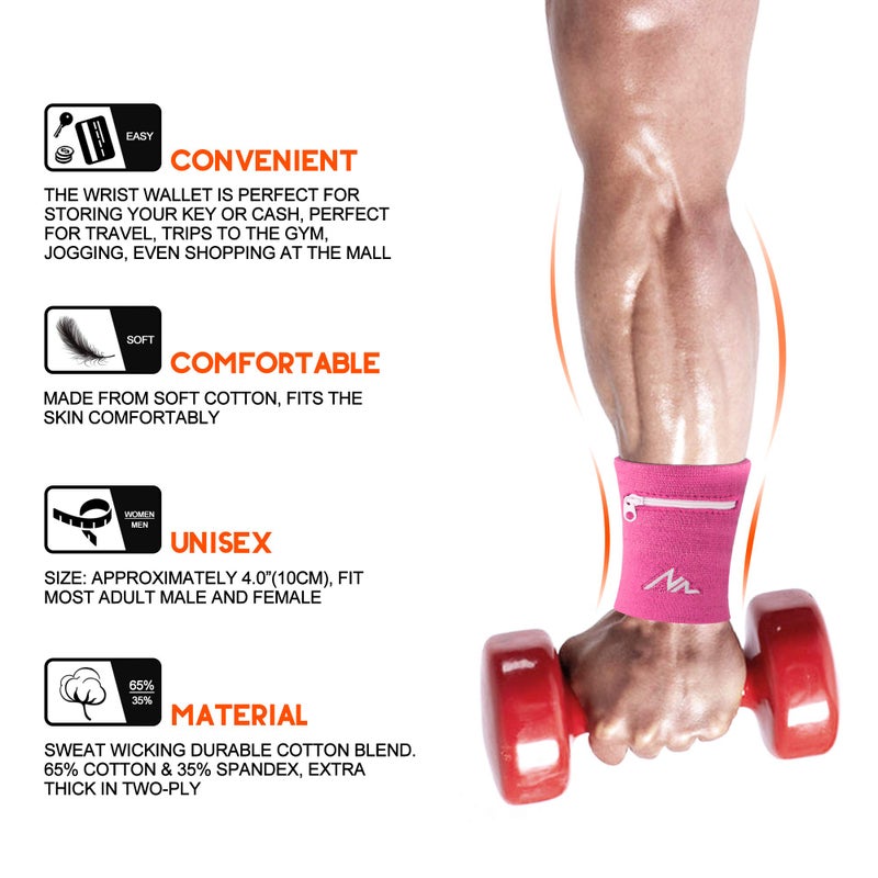 NEWZILL Wrist Wallet Wristband with Zipper - Cotton Sweatbands for Men & Women, Ideal for Sport, Running, Walking, Basketball, Football, Tennis, Hiking, Workout, and More Long Pink - Image 4
